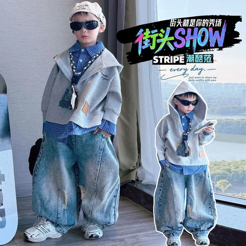 

Autumn Winter Fashion Baby Boys Kids Fake two-piece set Tshirts Top+Hole Jean Pants Children Casual 3Pcs Handsome Suits Sets