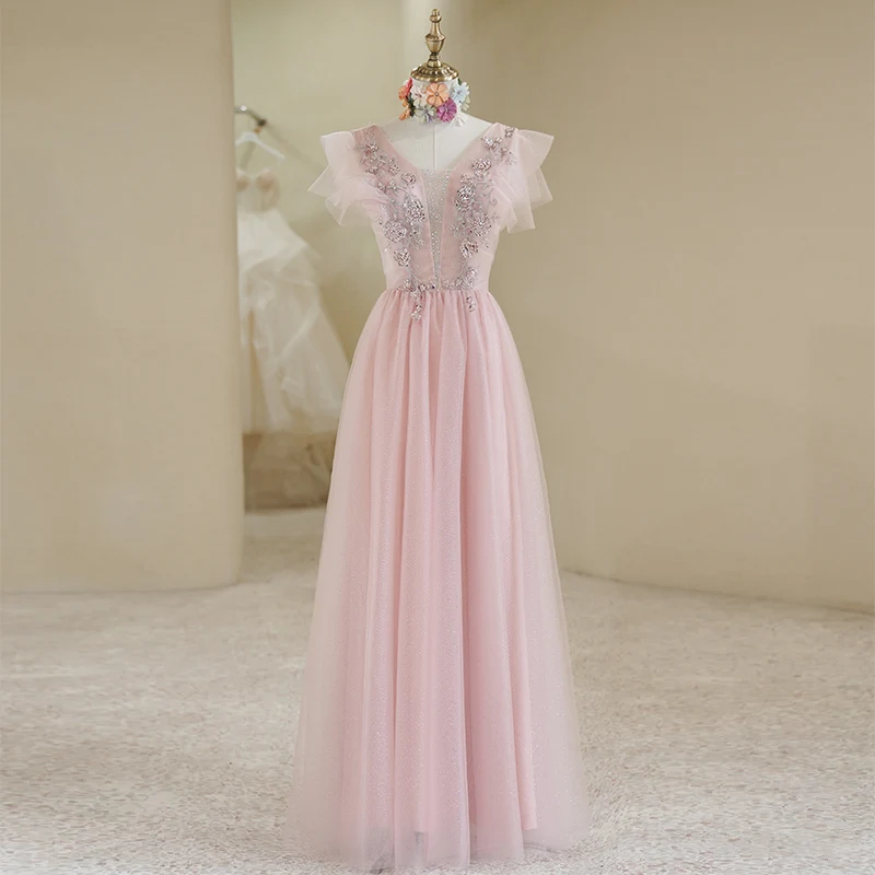 

Evening Dress New Elegant Short Sleeves Sequins Appliques Deep V-Neck A-Line Lace Up Floor-Length Party Formal Gown Woman B1973