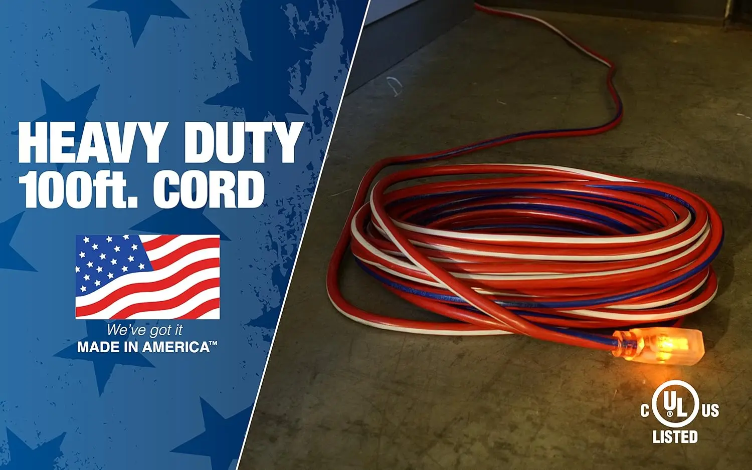 Heavy Duty Extension Cord, 100Ft, 12 Gauge, 3 Conductor, Water Resistant Flexible Jacket, SJTW