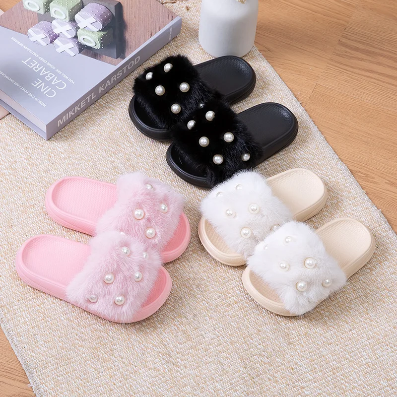 2026 EVA Children's Pearl Plush Slippers for Autumn and Winter,  Children's Babies Wearing Girls' Shoes Outside