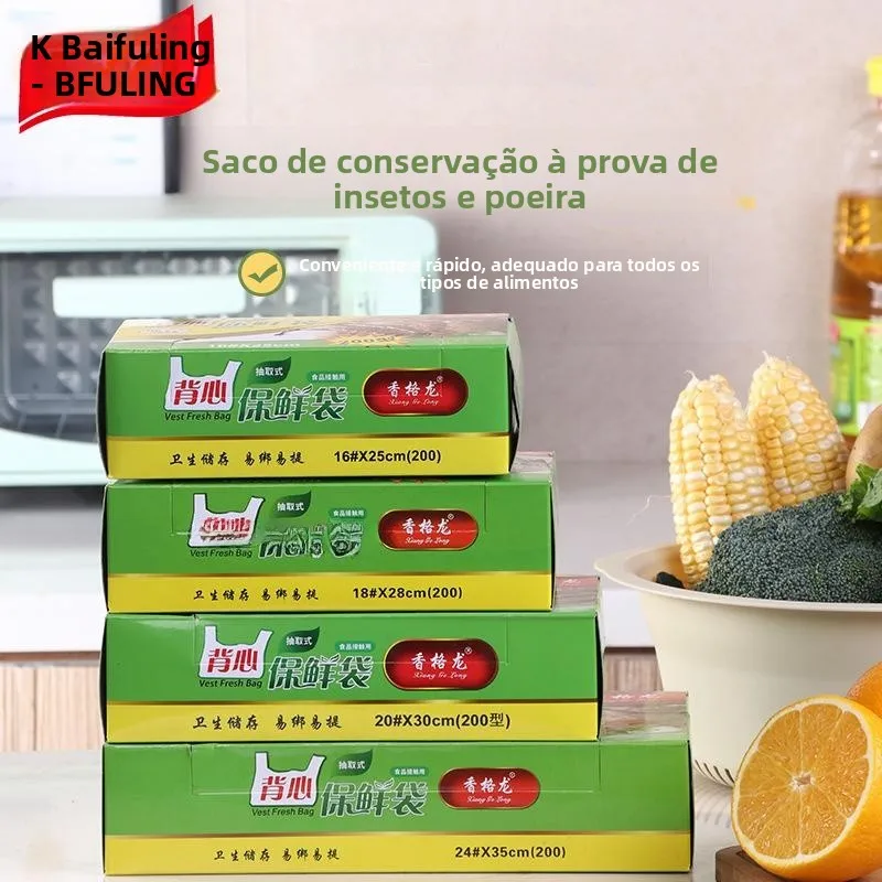 Saco Plástico de Preservação de Alimentos Kangwei em PE, Tipo Box, Boca Plana, Seguro para Geladeira e Micro-ondas