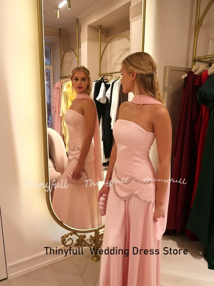 Thinyfull 인어 새틴 댄스 파티 드레스 민소매 끈이 없는 크리스탈 이브닝 드레스 긴 정장 가운 로브 드 소와레 맞춤형 ﻿