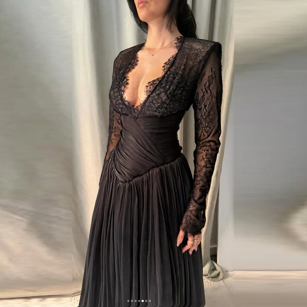 A-Line Shiny V-Neck Evening Dresses Formal Dresses for Women Lace Elegant Prom Gowns