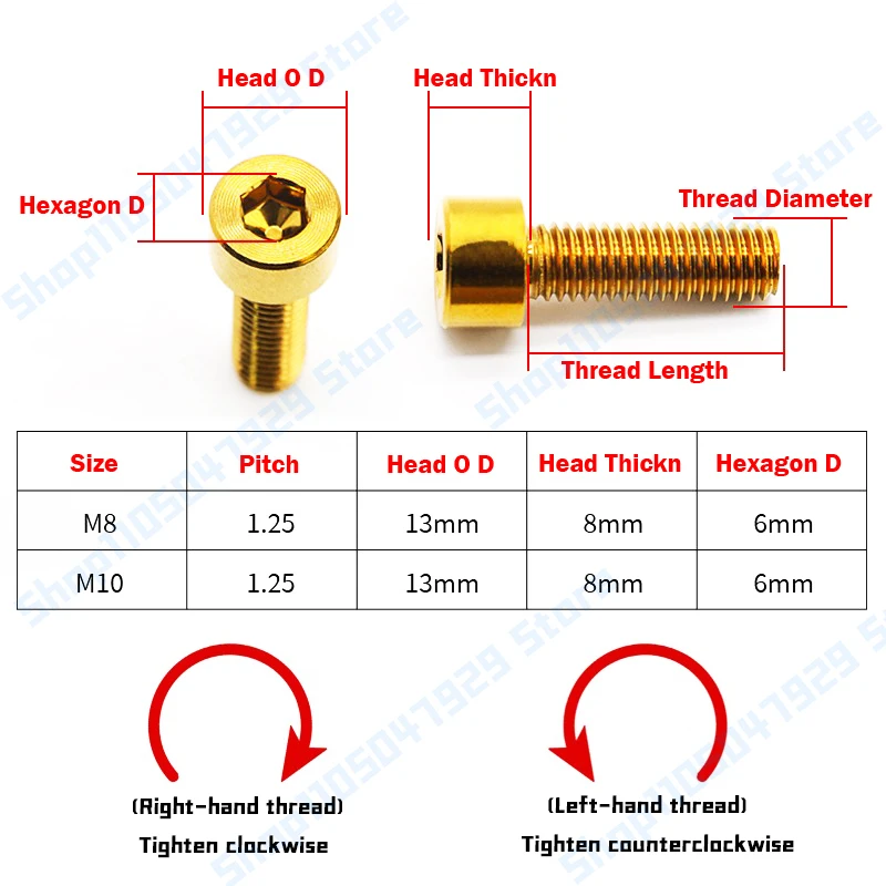Peijian 2pcs/lot Stainless Steel Hex Socket Cap Screw M8 M10 Left-thread/right-thread Titanium-plated Burning Blue/gloden/silver