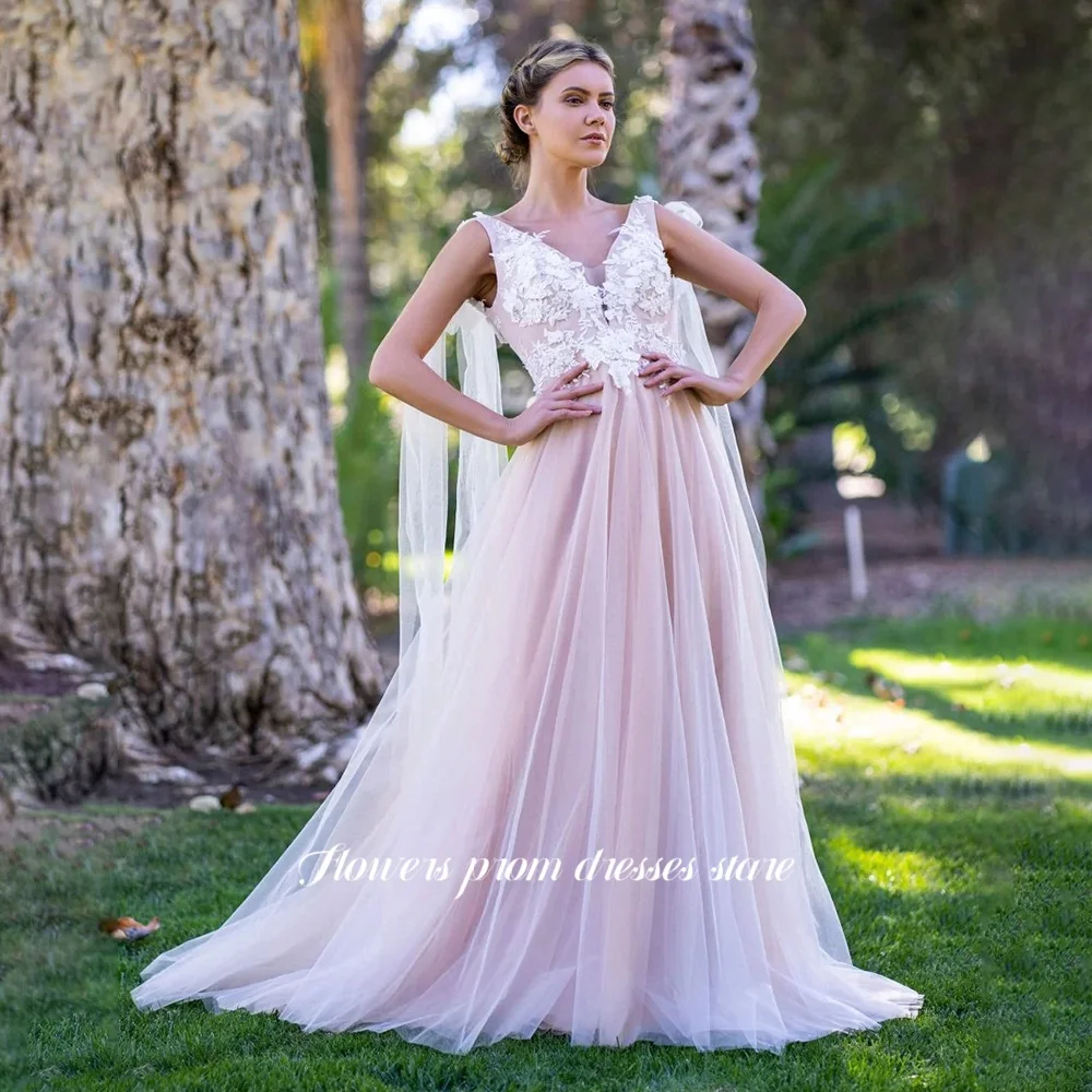 

Flowers A Line Party Dress Lace Applique Evening Dress Spaghetti Straps Puffy Princess Gowns Women Vestido De Novia Customized