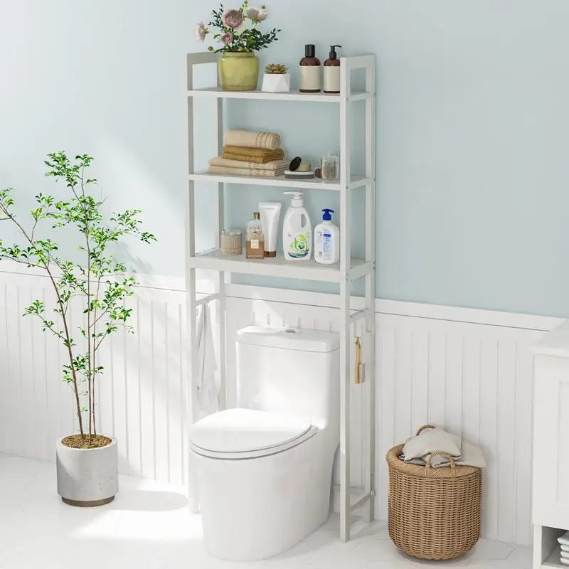 

Over-The-Toilet Storage Shelf Space Saving Metal Bathroom Organizer Hooks-White