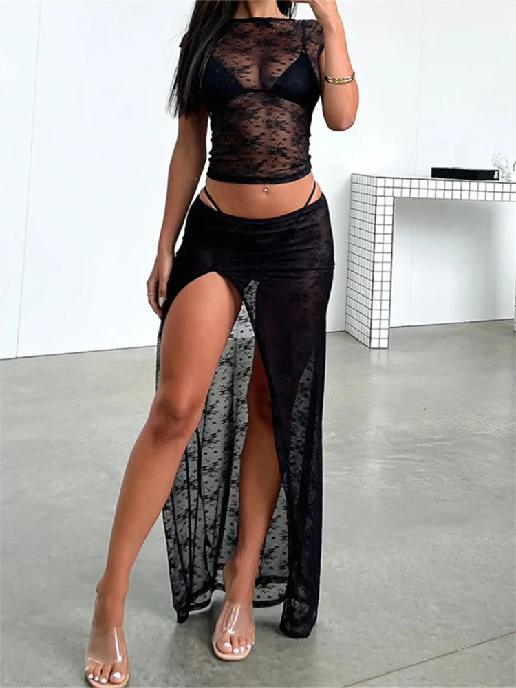 

Women Lace Mesh See Through 2pcs Skirts Sets Y2K Backless Lace-up T-shirts Crop Tops Low Waist Split Skirts Clubwear