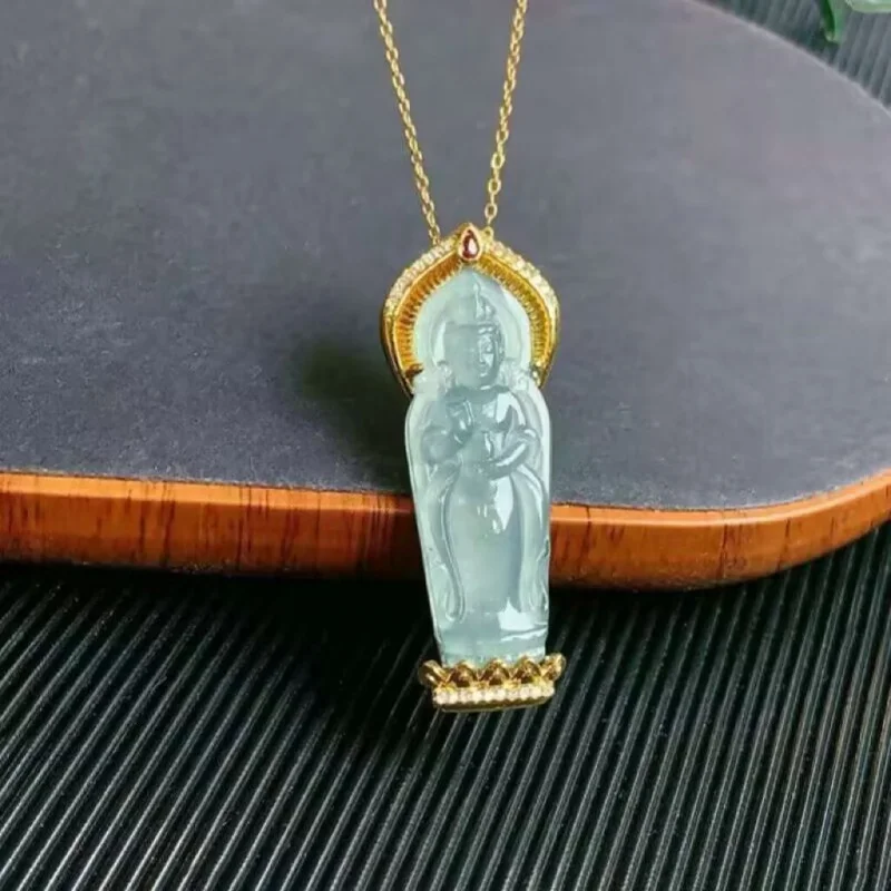 

Натуральный изумруд, опасный материал, синий нефритовый кулон Гуаньинь, ожерелье, аксессуары, модная инкрустация медью