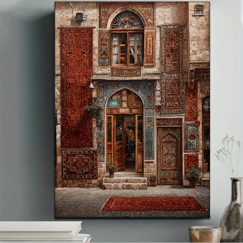 2D Flat, 2D Flat, 2D Flat 1pc, with Frame, 30.48X40.64cm [2D Flat] HD Oil Painting Traditional Iraqi Rug Store Art Middle Eas