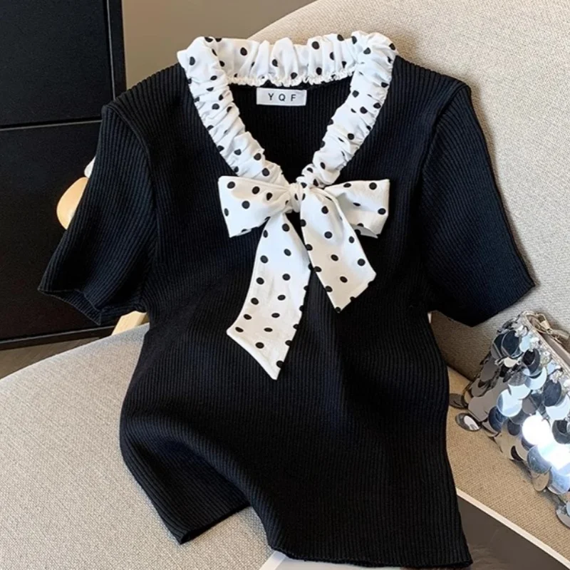 Women Elegant Office Lady Soft Knitted Sweater Pullover V-neck Pleated Ribbon Bow Shirts Retro Polka Dot White Short Sleeve Tees