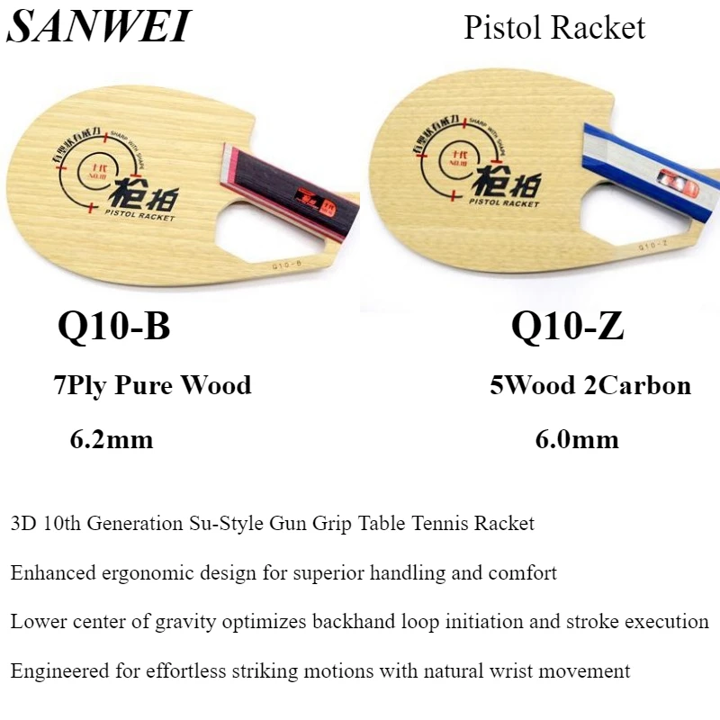 Original SANWEI Pistol Racket Table Tennis Blade 7Ply Pure Wood/5Wood 2Carbon Base Any Level Of Competition With ITTF Approved