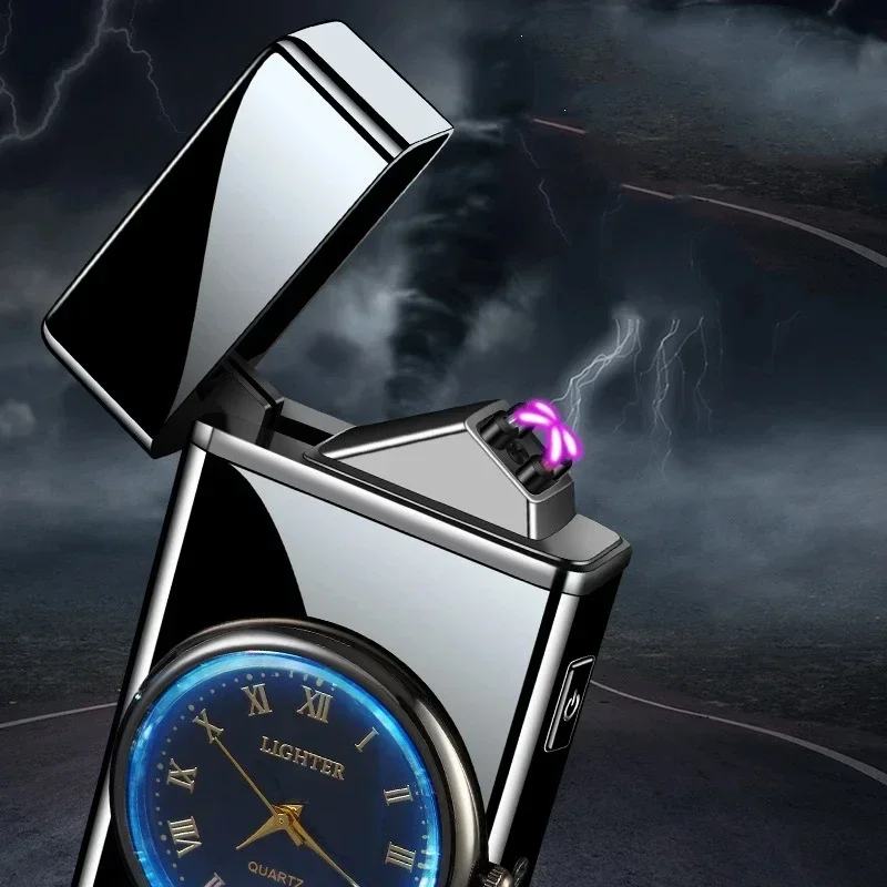 2025 New Metal Clock Dual Arc Lighter,LED Display USB Rechargeable Portable Flameless Lighter,Men\'s Gift, Smoke Accesoires