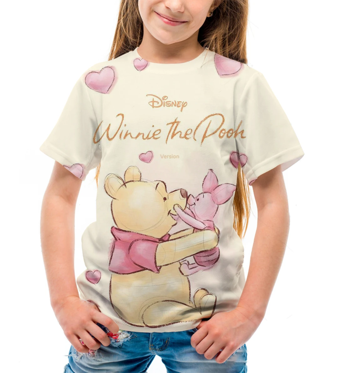 

Disney Winnie the Pooh Print Spring and Summer Children's Clothing Short Sleeve Sportswear T-shirt Loose Girls All-match Tops