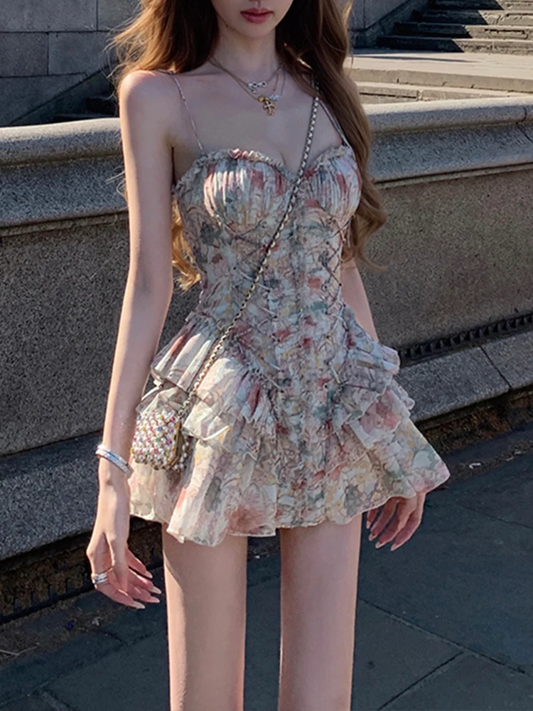 Summer New Design Girl's Floral Fishbone Strapless Dress Waist Cinched Pleated Skirt Sleeveless Zipper Closure Casual Gathere...