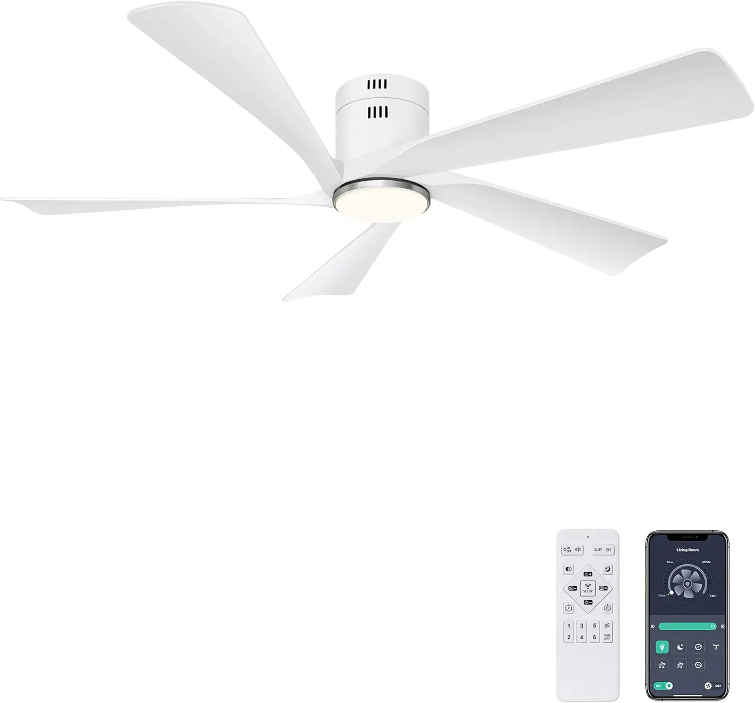 Ohniyou 52” Flush Mount Ceiling Fan with Lights, Remote & APP Control Low Profile Indoor Outdoor Ceiling Fans, Dimmable,Quiet DC