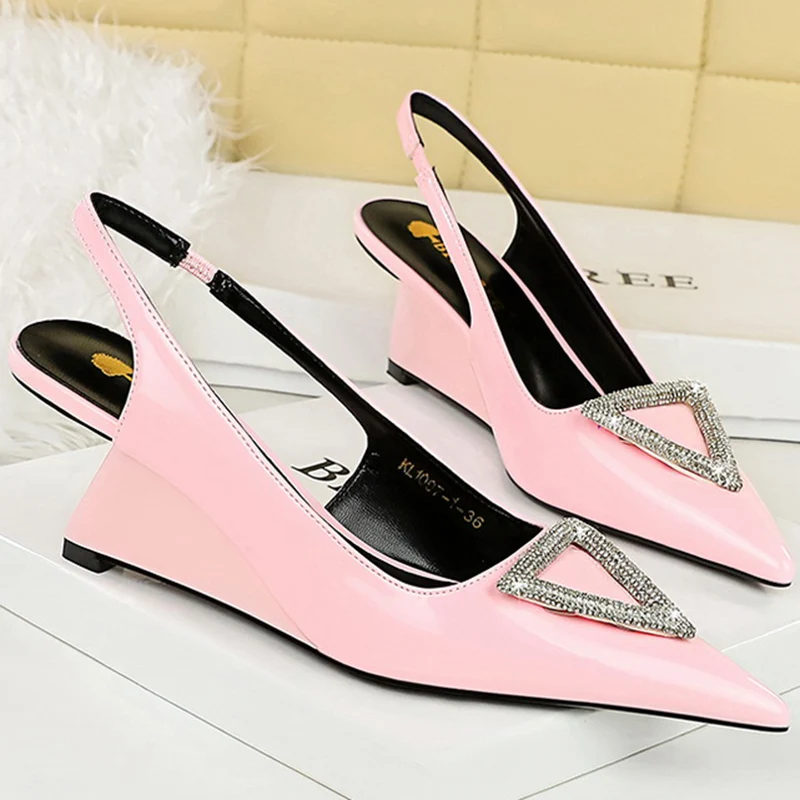 BIGTREE Wedges Women Shoes 6.5cm High Heels Shallow Hollow Back Straps Patent Leather Triangle Metal Crystal Buckle Lady Pumps