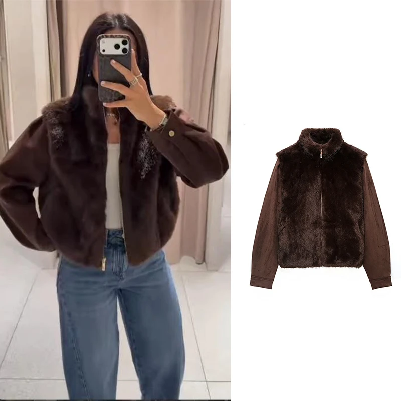 Women's Patchwork Faux Fur Jacket Stand Collar Zipper Winter Warm Coat New Arrival for Fall 2026