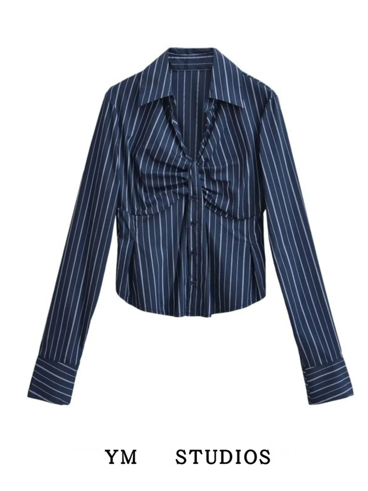 

American Pure Desire Retro Deep V-ne Striped irt Women's Long Sve Base irt Pleated Handling Street Sle Slim Fit