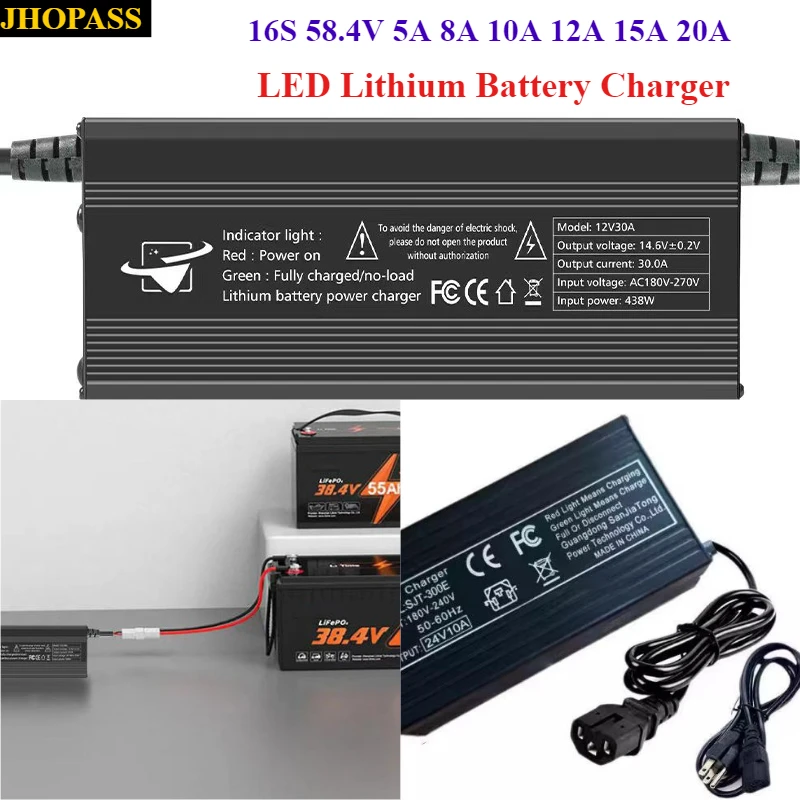 

14S LiFePO4 Li-ion 58.4V 5A 8A 10A 12A 15A 20A LED Lithium Charger Forklift truck Floor scrubber 110V or 220V UK US EU AU Plug
