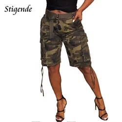 Stigende Summer Camouflage Cargo Shorts Women Casual Bandage Pocket Shorts Ladies Slim Fit Lace Up Button Shorts Streetwear