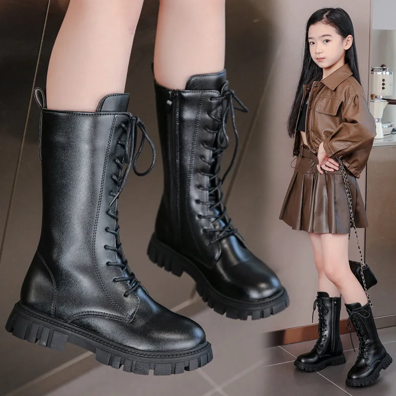 2025 Winter New Children Round-toe Thick-soled Cross-strap Fashion Knight Boots Comfort Non-slip Girls Boots Kids Princess Shoes