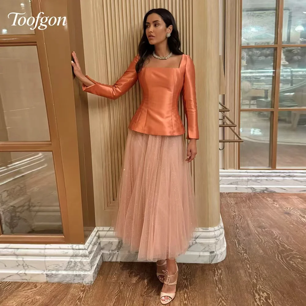Toofgon برتقالي رقبة مربعة فساتين لحضور الحفلات الموسيقية من الساتان بأكمام طويلة فستان سهرة متوسط للنساء للحفلات الراقصة حسب الطلب