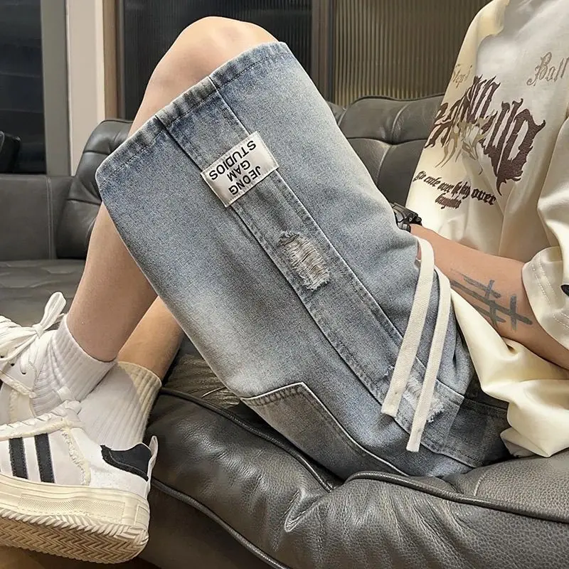 Men's Lightweight Denim Shorts 2026 Summer Fashion Straight Leg Comfortable Mid Calf Washed Blue