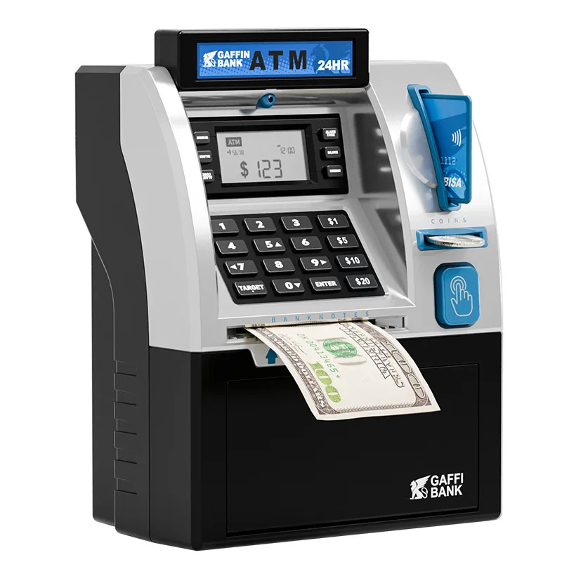 Kids Simulated ATM Bank Teller Machine Toy, Intelligent Password Swipe Card Saving Box, Auto Cash Deposit Electronic Piggy Bank.