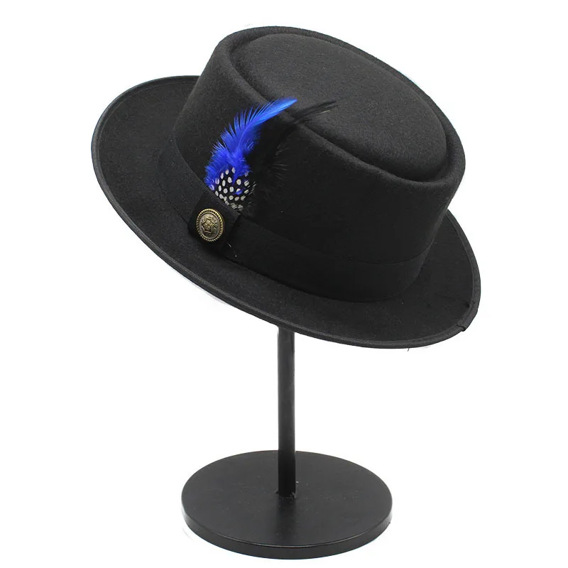 Vintage Pork Pie Hat Men Wide Brim Wool Felt Fedora Black Hat Mans Church Jazz Ribbon Trilby Panama Gangsters Caps Gentlemen