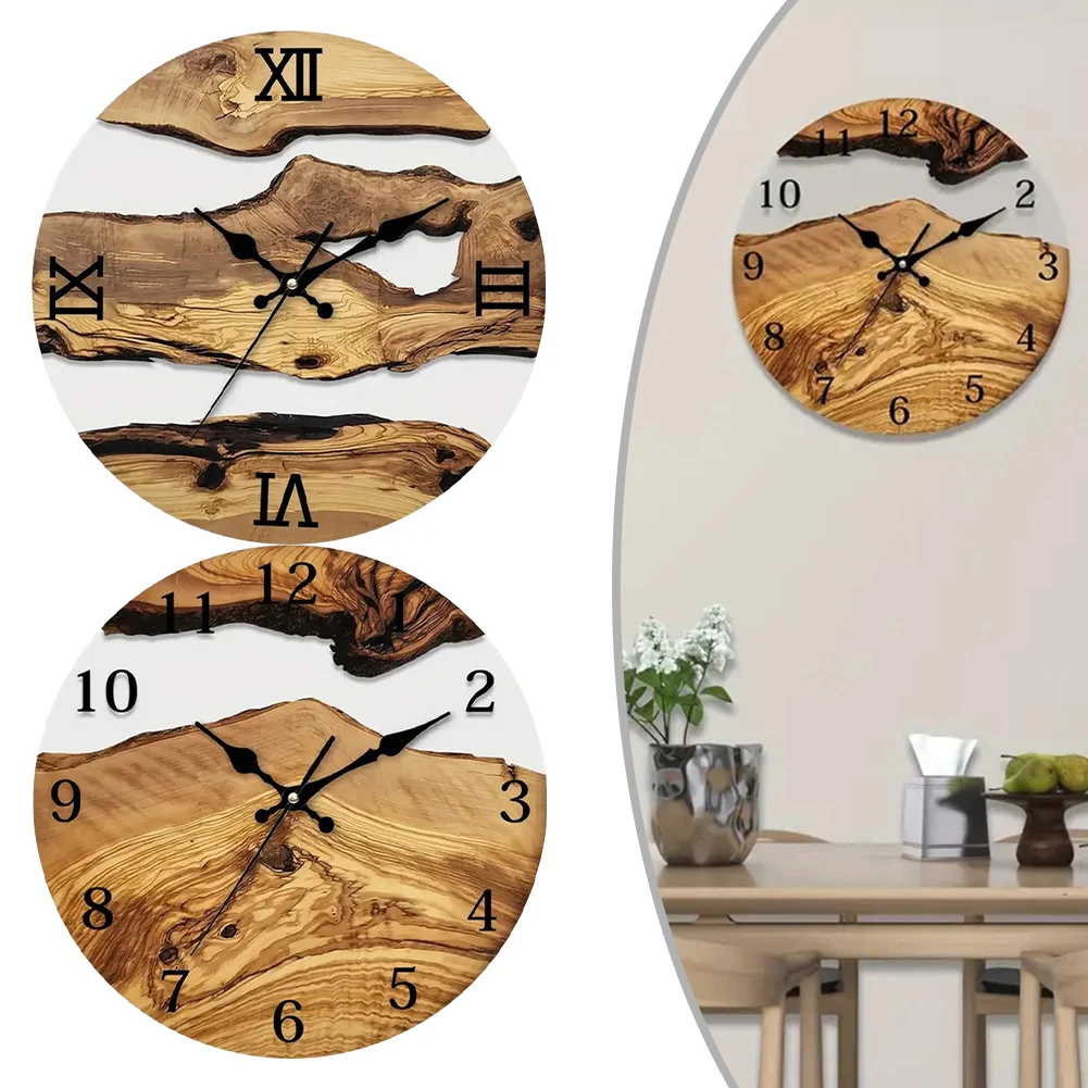 Country Style Clock Tempered Glass Wall Clock Office Bathroom Wood Grain Design Artistic Blend Battery-powered