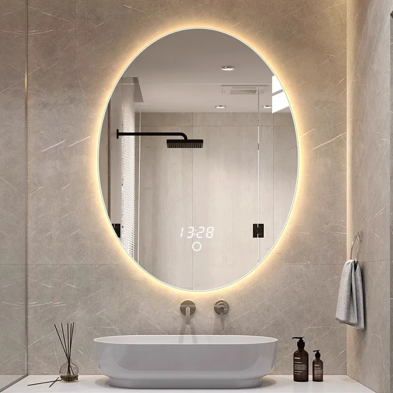 Frameless elliptical LED smart mirror with lamp wall hanging, bathroom anti-fog