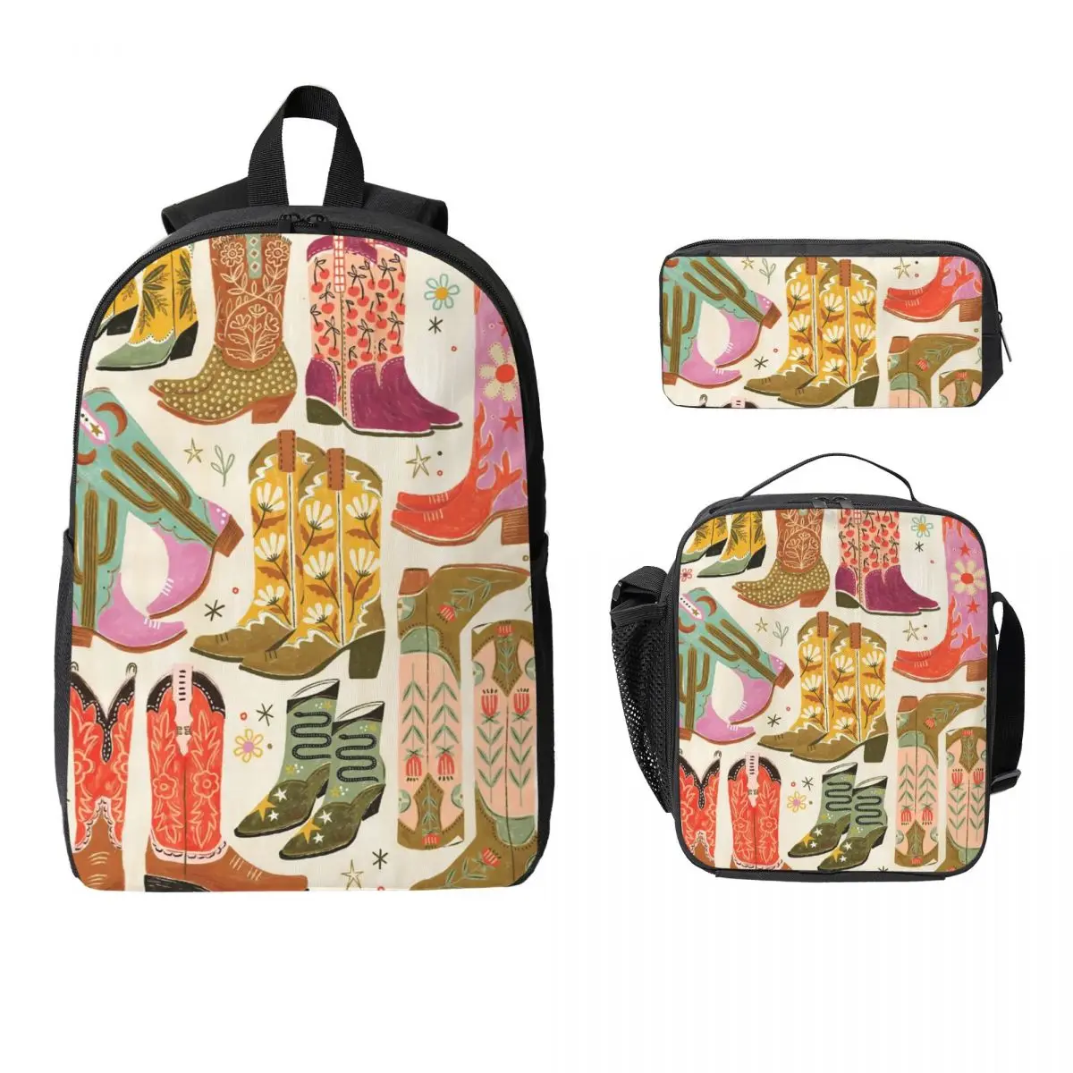 Western Style Boot Pattern Backpack Student BookBag School Bag Laptop Shoulder Bags 3ps Insulated Lunch Bag Pencil Case