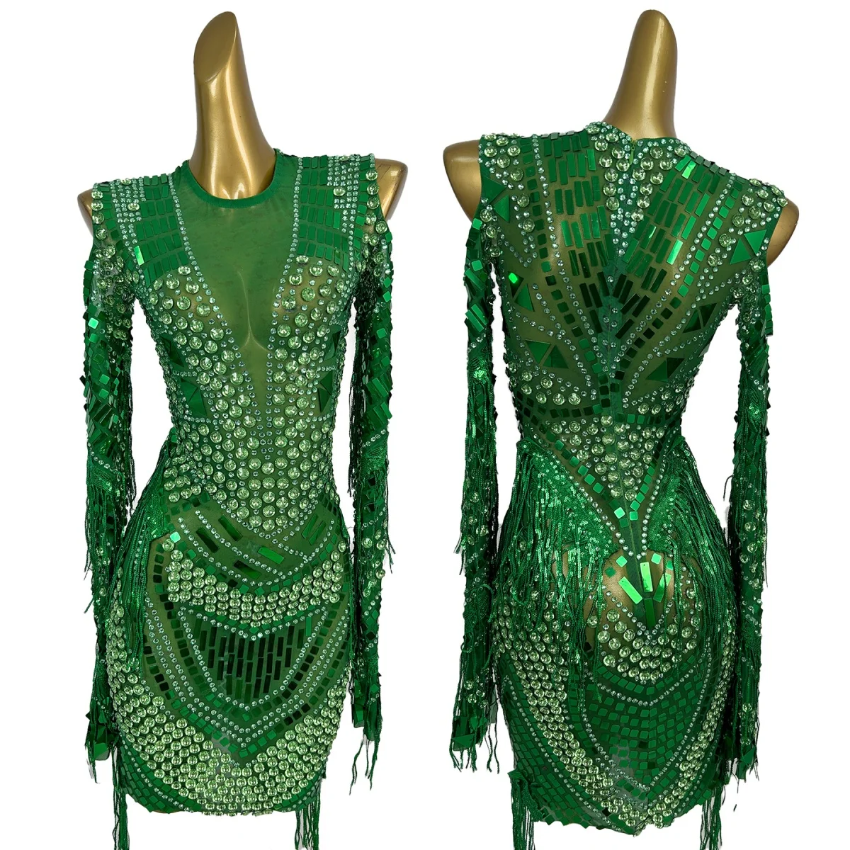 

Sparkly Green Mirrors Rhinestone Mesh Cocktail Dress Women Carnival Party Singer Stage Wear Club Dance Sexy Women Outfit Youzi