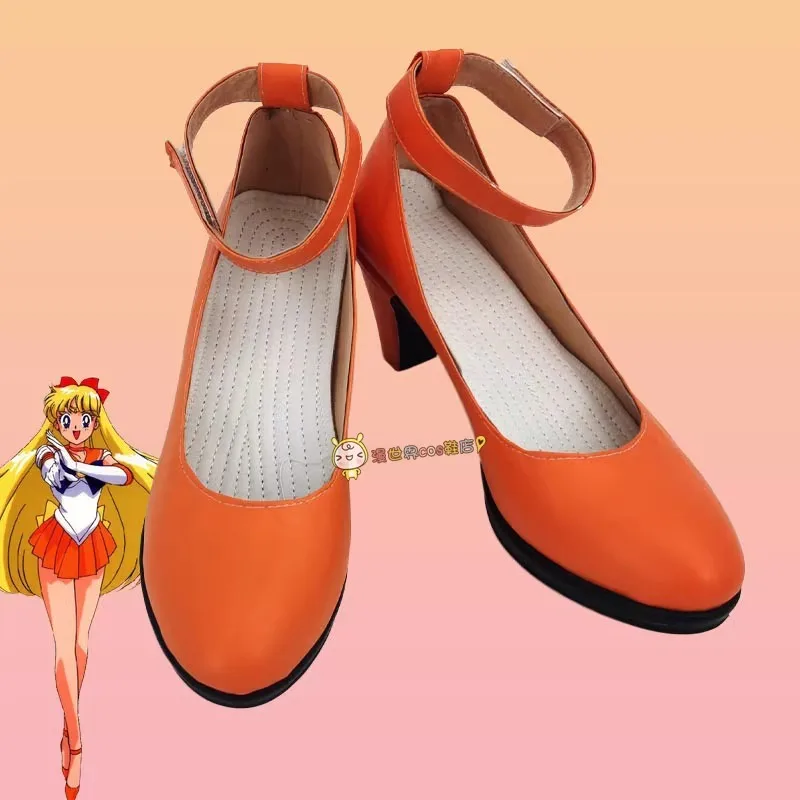 

JP Anime Aino Minako Venus Cosplay Shoes Handmade Leather Orange High Heeled Shoes