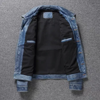 Men's Motorcycle Leather Jacket Light Blue Ami Khaki Retro Graphite Distressed Denim Genuine Leather Jacket Slim Short Jacket 3