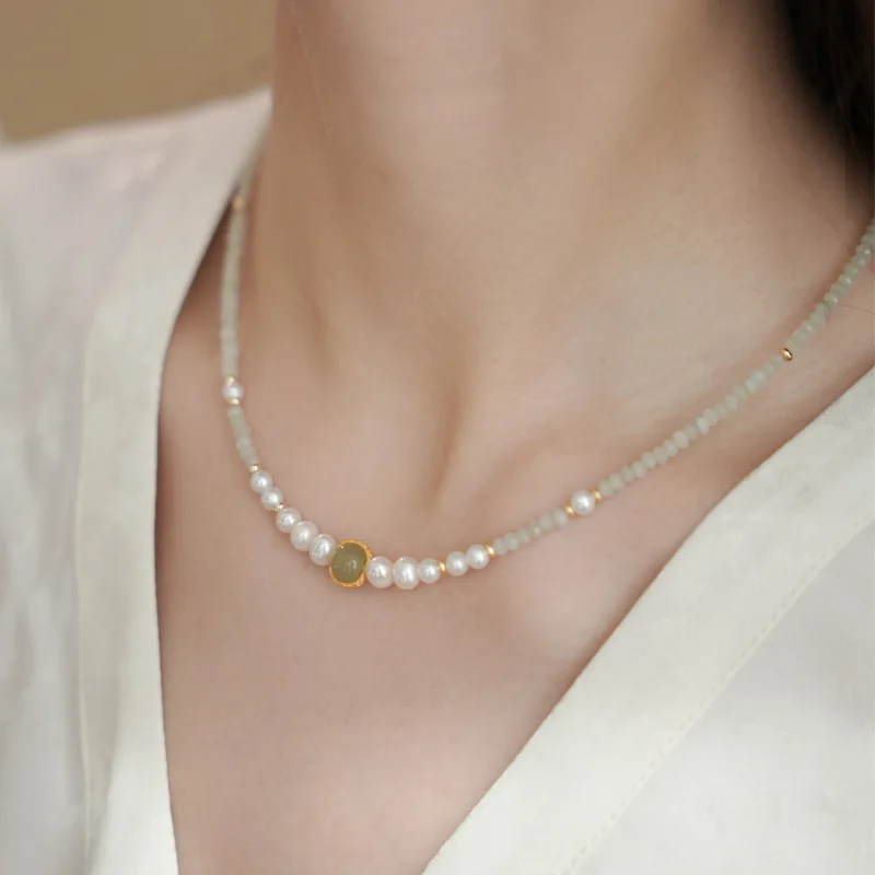100% Natürliche Süßwasserperle & Hotan-Jade 14K Goldgefüllte Damen-Kurzkettenhalskette Schmuck Weihnachtsgeschenke für Frauen Kein Verblassen – Detail 6