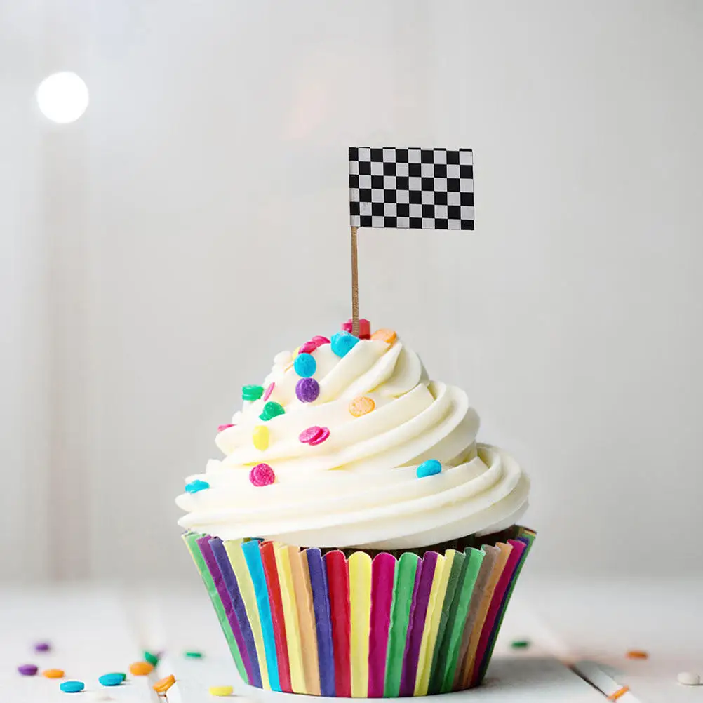 150Pcs Racing Theme Cake Topper Checkered Flag Cupcake Picks Party Cake Decor Birthday Wedding Party Dessert Topper Baking