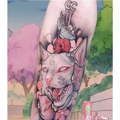 Adesivi per tatuaggi per gatti dei cartoni animati tatuaggio finto impermeabile per donna uomo colorato Anime Art clavicola braccio Tatto tatuaggio temporaneo duraturo