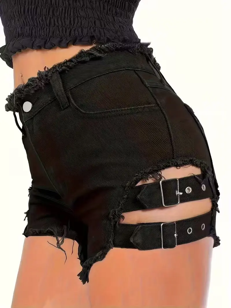 Women's Black Denim Shorts Low Waisted Frayed Hem Adjustable Buckle Straps Cutout Sexy Clubwear Party Mini Hot Pants view 5