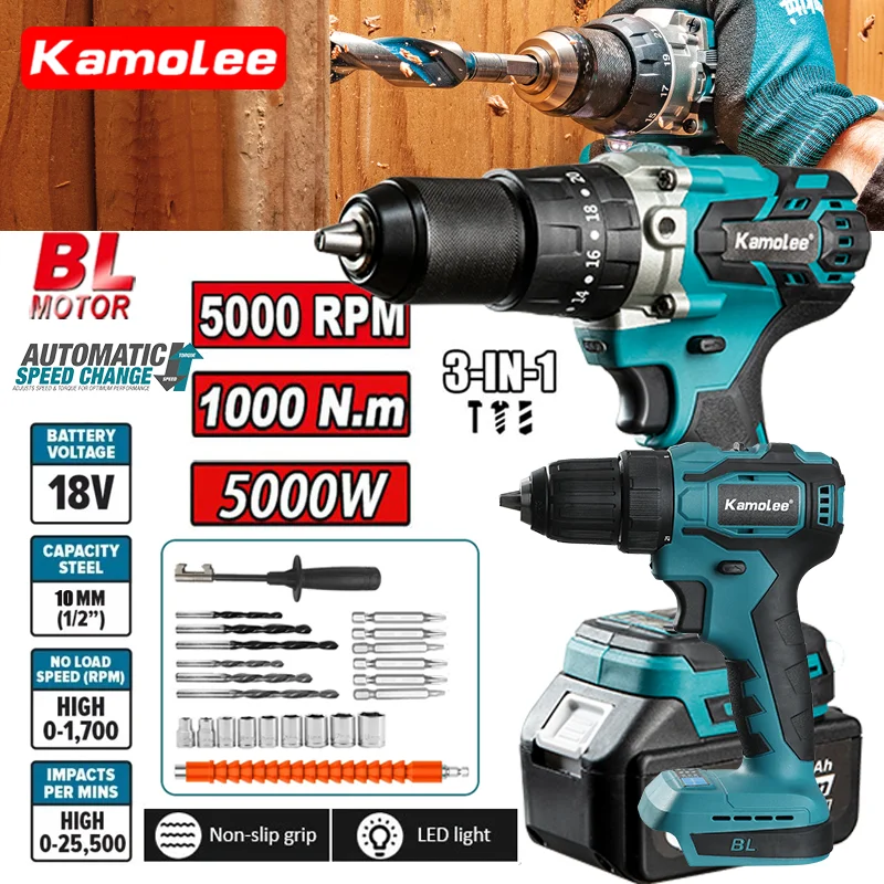 

Kamolee 13mm/10mm Cordless Brushless Impact Drill Electric Screwdriver Home DIY Power Tools For Makita 18V Battery