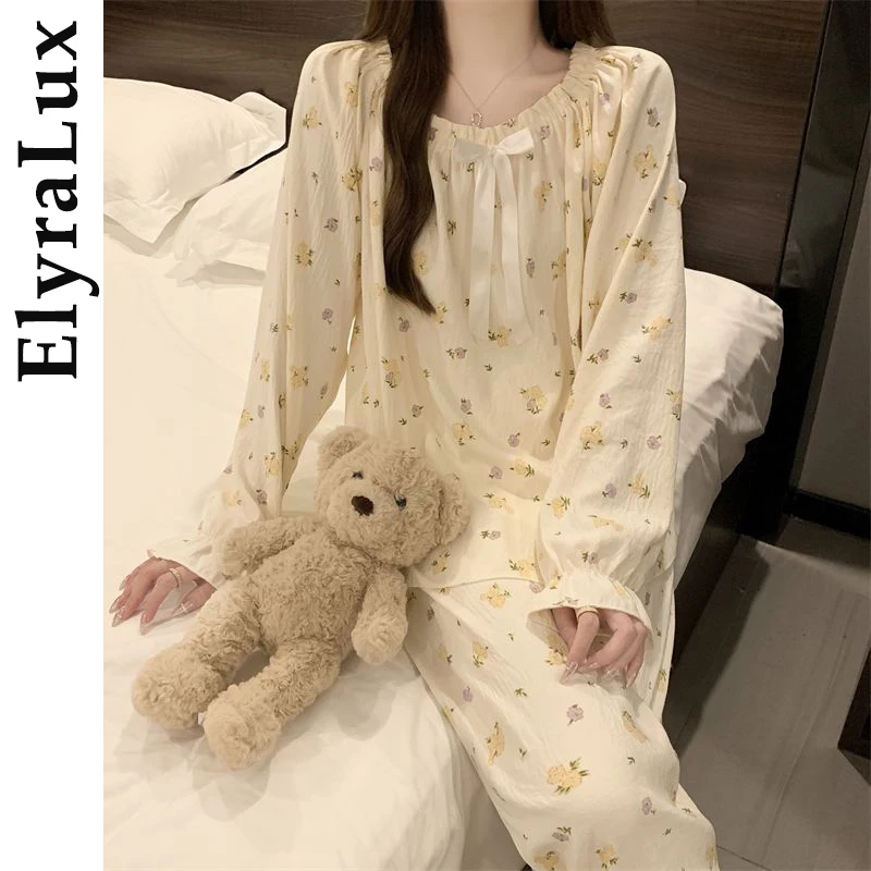 

ElyraLux Women's Autumn Spring Sleepwear Girl's Long Sleeve Pants Pajamas Set Cloud Cotton Materail Home Wear Ladies's Pijama