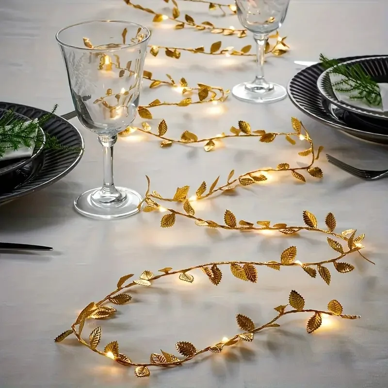 Golden Leaf Garland Fairy Lights String Lighting, Battery Operated  Elegant Decoration for Home Weddings Artificial Plant Decor