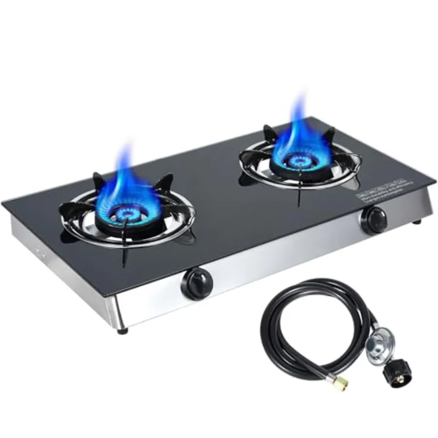 

Portable Double Burner Propane Gas Cooktop with Auto Ignition for Outdoor Camping RV and Kitchen Use 19 000 BTU Tempered Glass