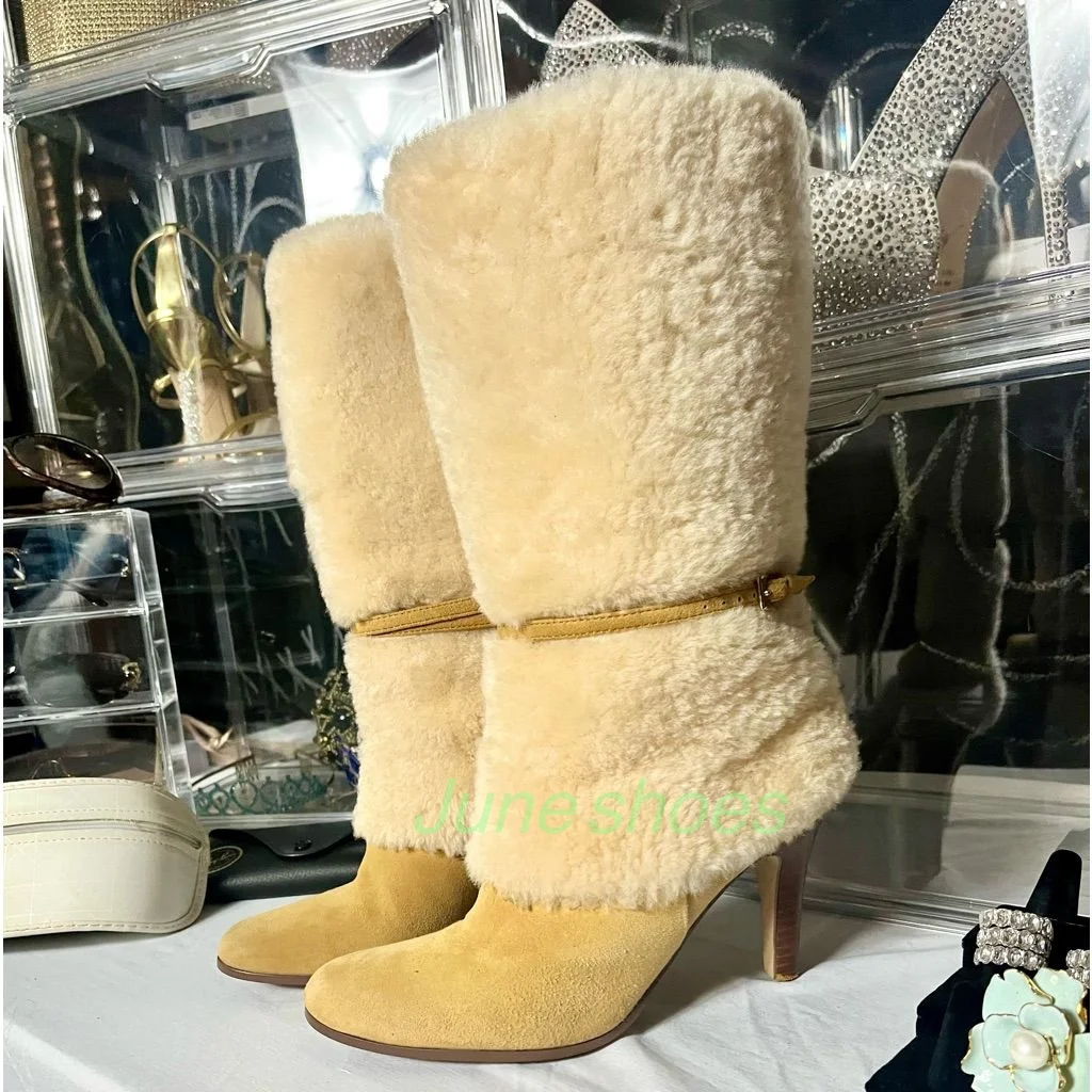 

Женские теплые сапоги до середины икры на меху с пряжкой и ремешком, замшевые сапоги на шпильке, теплая обувь на меху, зимнее платье, подиумные ретро, винтажные ботинки, размер