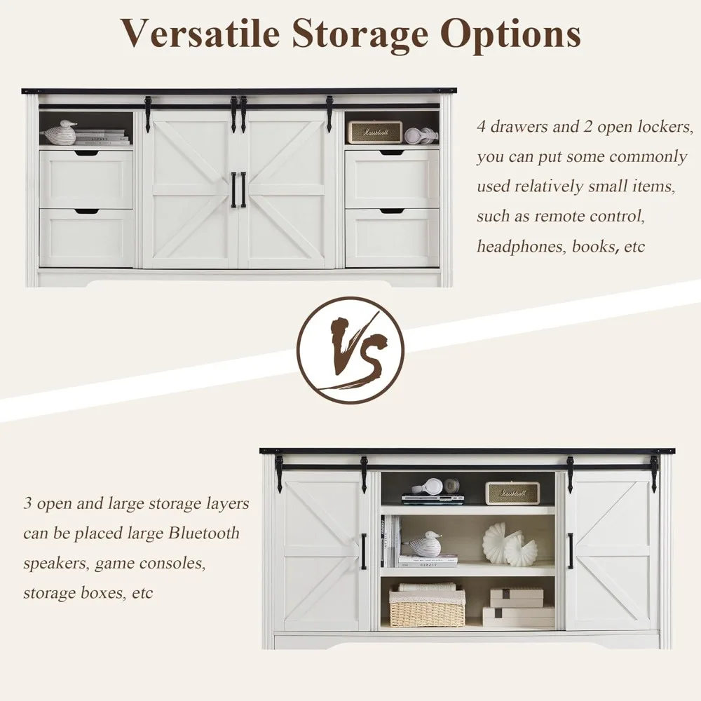 حامل تلفزيون المزرعة لتلفزيون 75+ بوصة، مركز ترفيه بطول 32 بوصة مع/4 أدراج وباب حظيرة منزلق، وحدة تحكم الوسائط الريفية مع تخزين