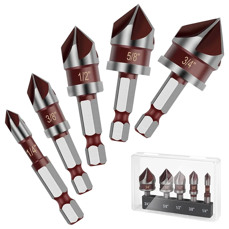 AB66-82 Degree HSS Countersink Drill Bit Set 5PCS Counter Sink Bits For Wood,Metal Plastic