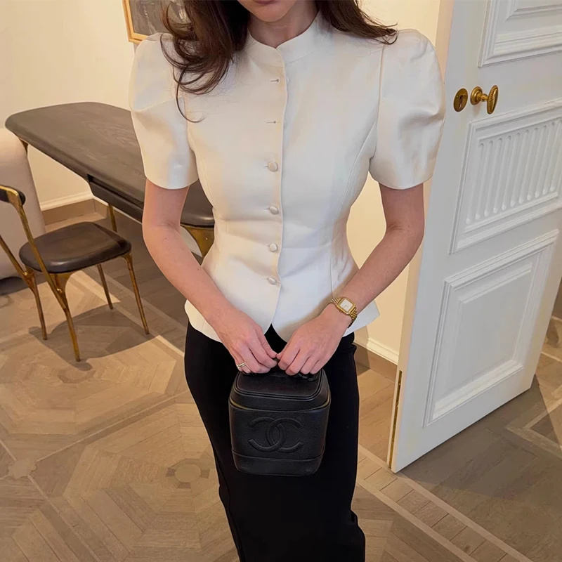 

Trendix Elegant Cardigan Shirts For Women Solid Slim High Waist Short Sleeve Blouse Top Party Casual Street Office Commute Tops
