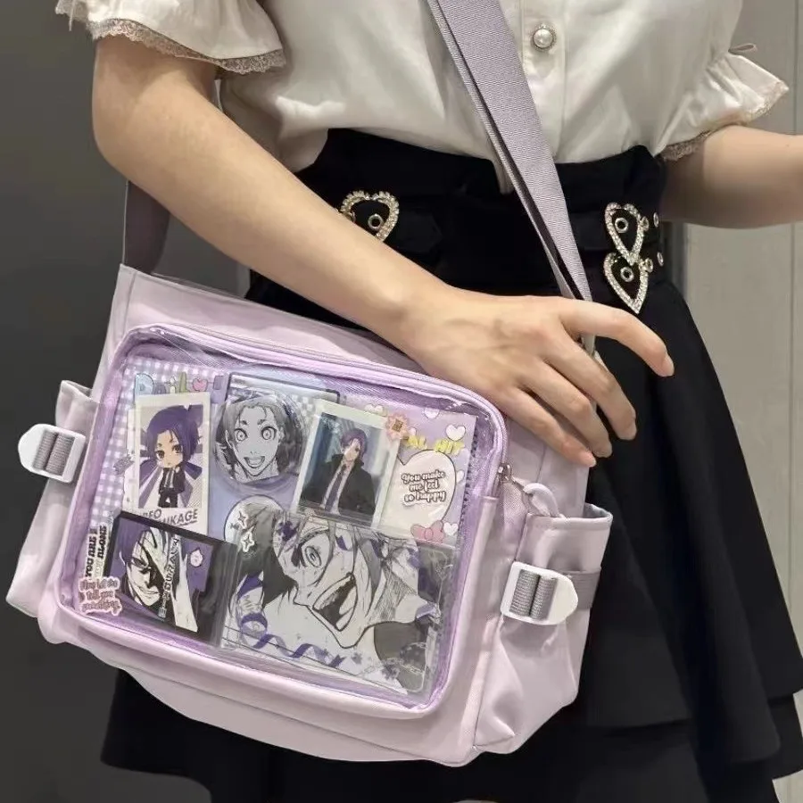 Image of Ita-Tasche für Damen, Anime-Cartoon-Druck, transparente Tasche, Itabag, große Kapazität, Schulter-Crossbody-Tasche, PU-Leder, Lila, Kawaii G