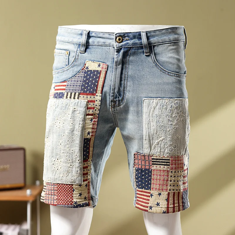 American style denim shorts men's patchwork slim fit small leg cropped pants new summer distressed beggar shorts jeans