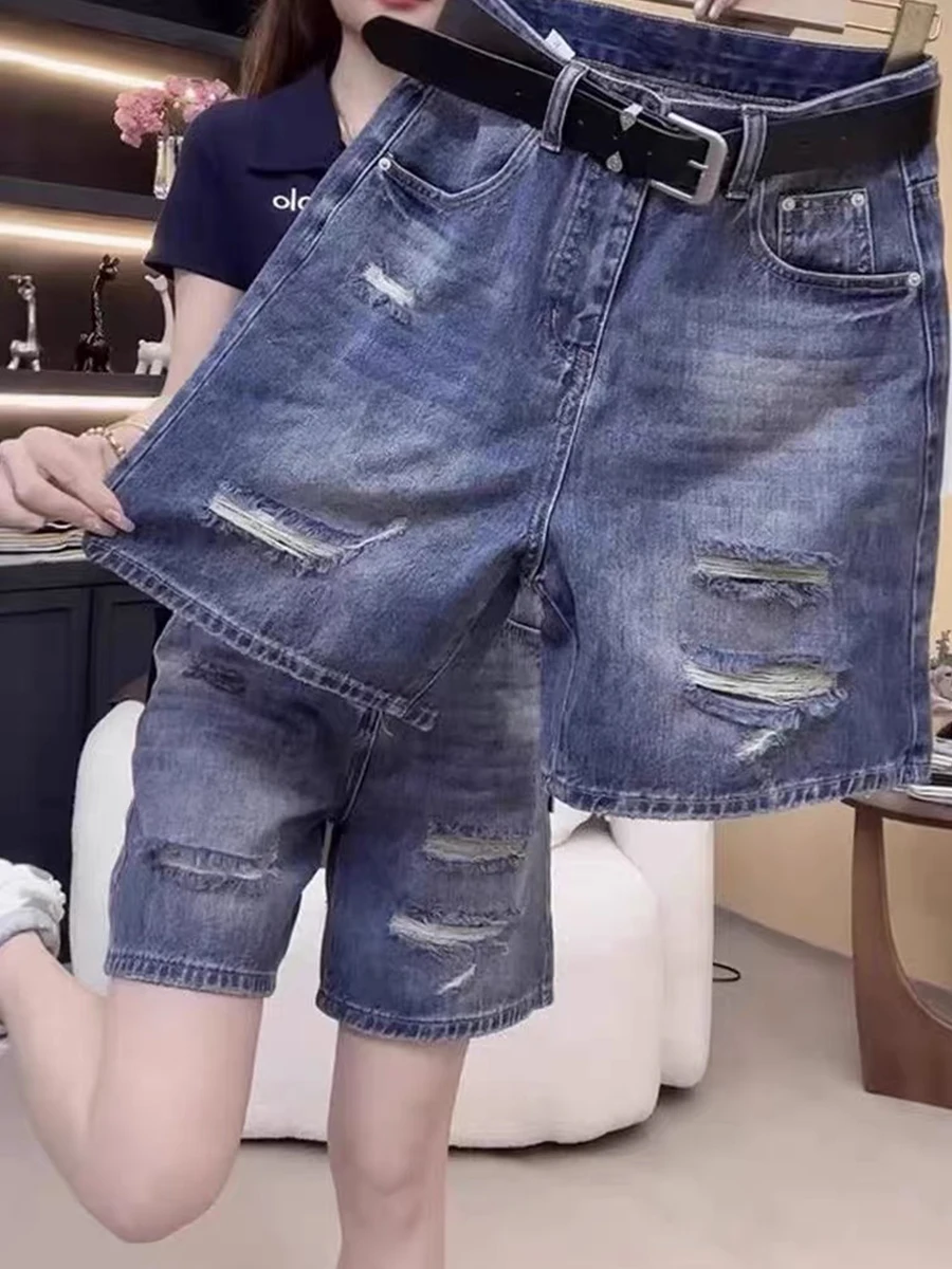 

Винтажные рваные джинсовые джинсы трапециевидной формы больших размеров, женские летние тонкие прямые джинсы средней длины с высокой талией и широкими штанинами, пять четвертей